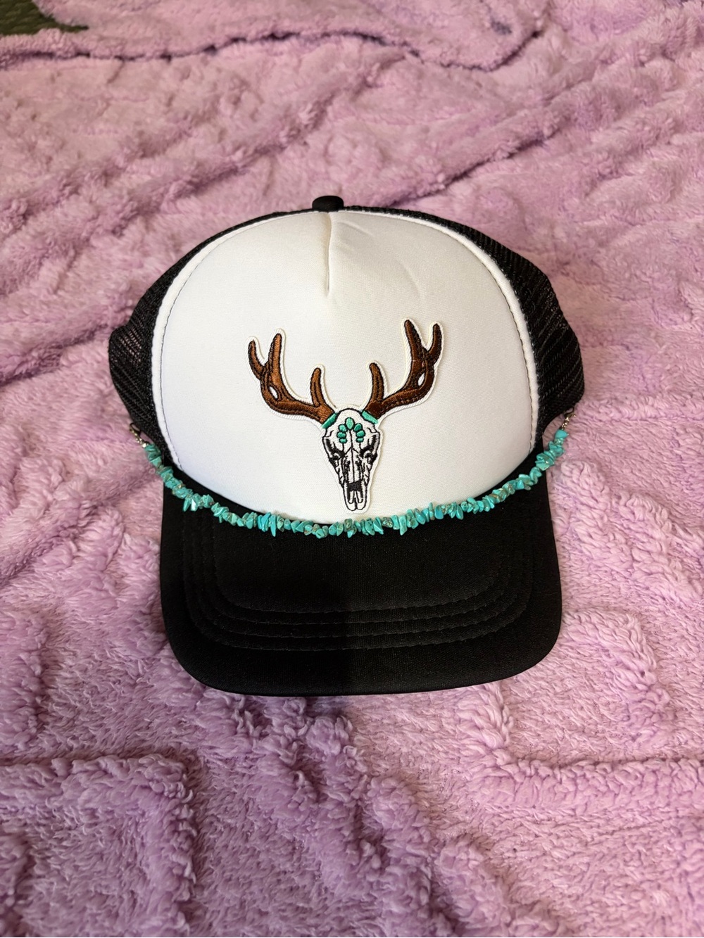 Kids Black & White Trucker Hat with Turquoise Bead Trim